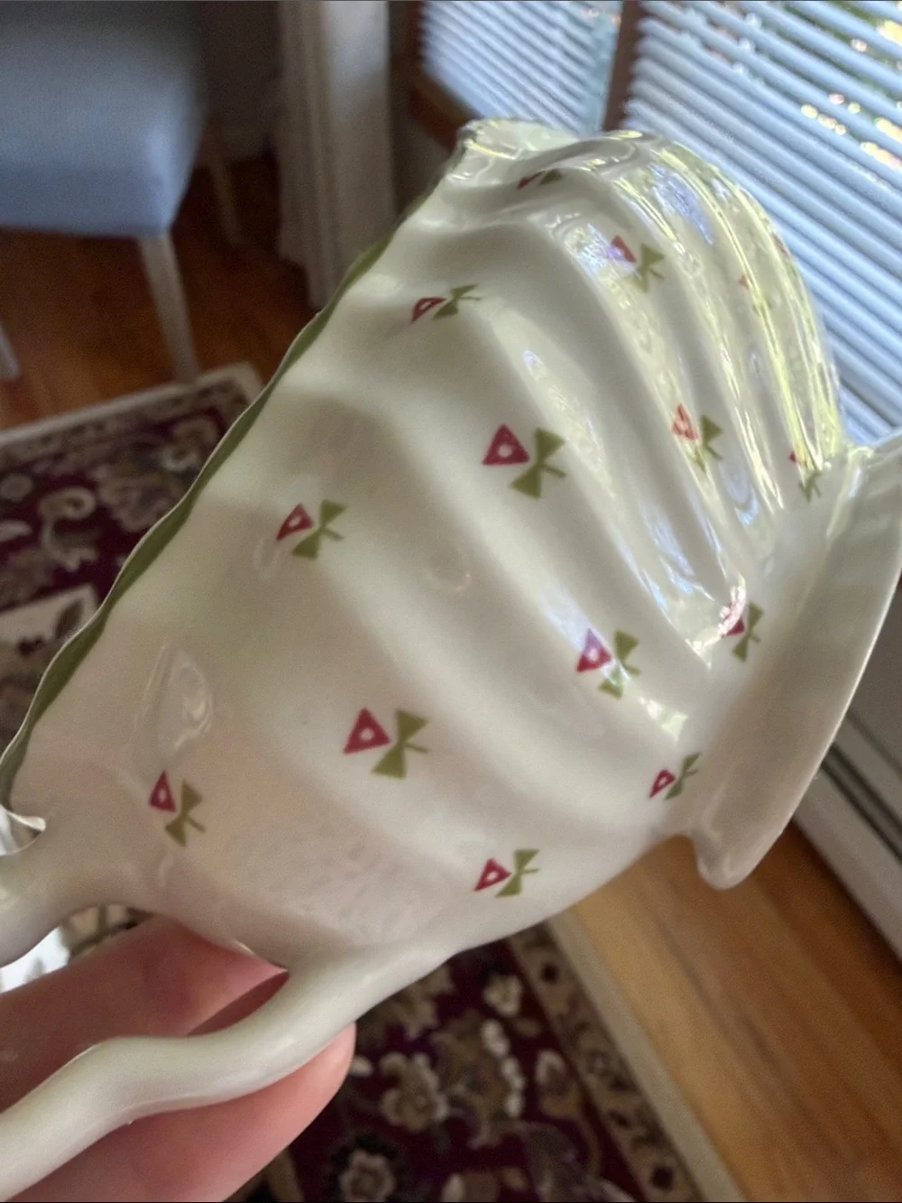 Laura Ashley thistle Gravy Boat with Green Rim Small Pink Floral Motif England